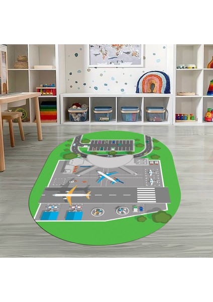Dijital Baskılı Kaymaz Yıkanabilir Eğlenceli Eğitici Oval Çocuk Odası Halısı, N-O-Çocuk-50-Yeşil,