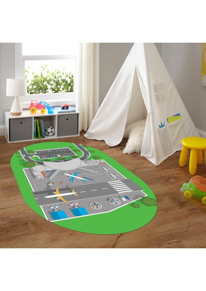 Dijital Baskılı Kaymaz Yıkanabilir Eğlenceli Eğitici Oval Çocuk Odası Halısı, N-O-Çocuk-50-Yeşil,