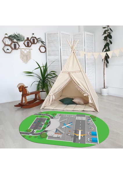 Dijital Baskılı Kaymaz Yıkanabilir Eğlenceli Eğitici Oval Çocuk Odası Halısı, N-O-Çocuk-50-Yeşil,
