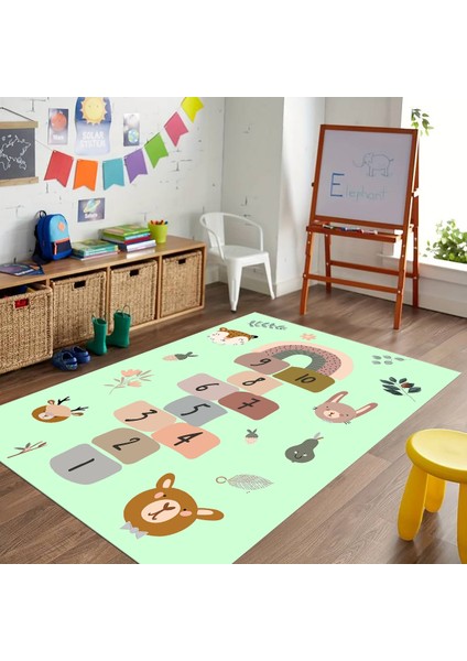 Dijital Baskılı Kaymaz Taban Yıkanabilir Eğlenceli Eğitici Çocuk Odası Halısı, N-Çocuk-29-Yeşil,