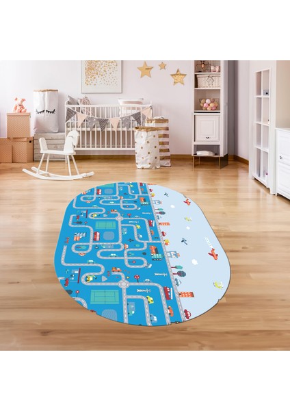 Dijital Baskılı Kaymaz Yıkanabilir Eğlenceli Eğitici Oval Çocuk Odası Halısı, N-O-Çocuk-19-Mavi,