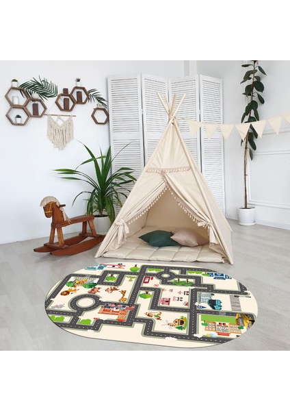 Dijital Baskılı Kaymaz Yıkanabilir Eğlenceli Eğitici Oval Çocuk Odası Halısı, N-O-Çocuk-20-Krem,
