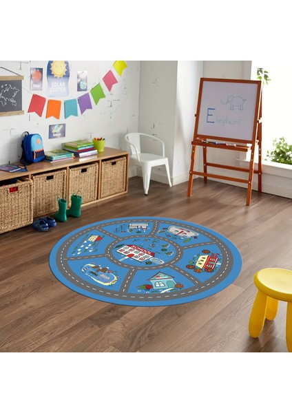 Dijital Baskılı Kaymaz Yıkanabilir Eğlenceli Yuvarlak Çocuk Odası Halısı, N-Y-Çocuk-02-Mavi,
