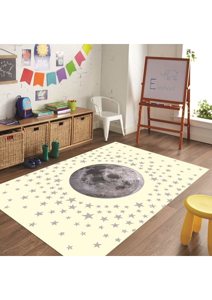 Dijital Baskılı Kaymaz Taban Yıkanabilir Eğlenceli Eğitici Çocuk Odası Halısı, N-Çocuk-27-Krem,
