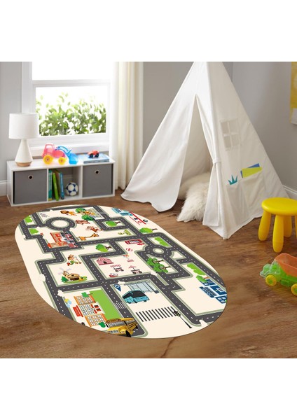 Dijital Baskılı Kaymaz Yıkanabilir Eğlenceli Eğitici Oval Çocuk Odası Halısı, N-O-Çocuk-20-Krem,