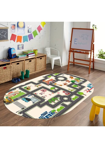 Dijital Baskılı Kaymaz Yıkanabilir Eğlenceli Eğitici Oval Çocuk Odası Halısı, N-O-Çocuk-20-Krem, modelleri