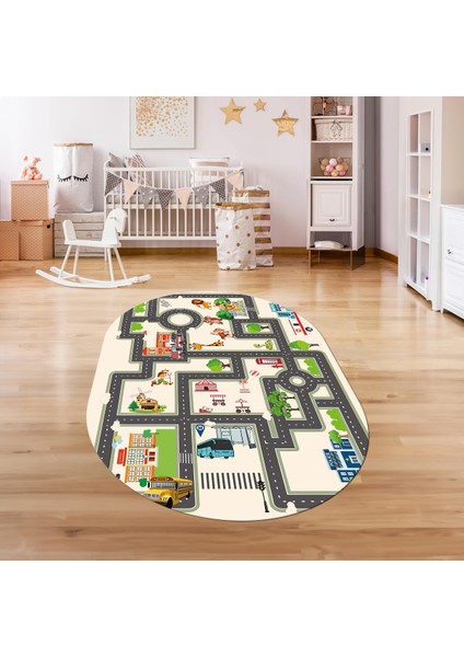 Dijital Baskılı Kaymaz Yıkanabilir Eğlenceli Eğitici Oval Çocuk Odası Halısı, N-O-Çocuk-20-Krem, fırsatları