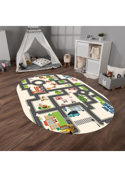 Dijital Baskılı Kaymaz Yıkanabilir Eğlenceli Eğitici Oval Çocuk Odası Halısı, N-O-Çocuk-20-Krem,