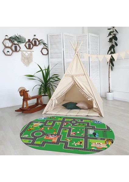 Dijital Baskılı Kaymaz Yıkanabilir Eğlenceli Eğitici Oval Çocuk Odası Halısı, N-O-Çocuk-20-Yeşil, fiyatları