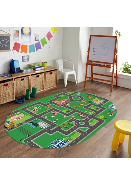 Dijital Baskılı Kaymaz Yıkanabilir Eğlenceli Eğitici Oval Çocuk Odası Halısı, N-O-Çocuk-20-Yeşil, modelleri