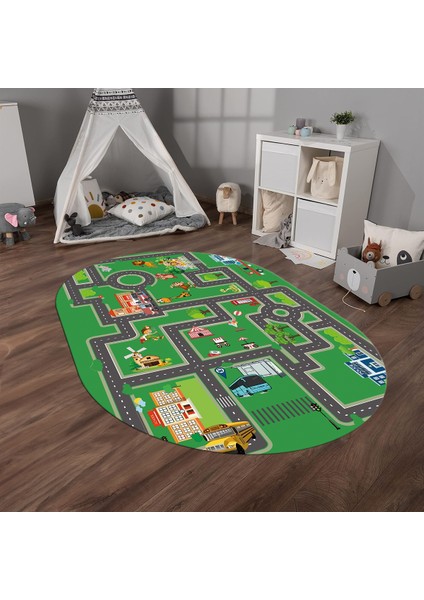 Dijital Baskılı Kaymaz Yıkanabilir Eğlenceli Eğitici Oval Çocuk Odası Halısı, N-O-Çocuk-20-Yeşil, indirimleri