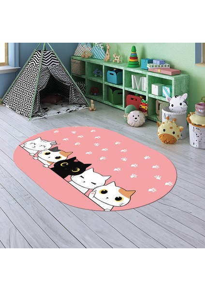 Dijital Baskılı Kaymaz Yıkanabilir Eğlenceli Eğitici Oval Çocuk Odası Halısı, N-O-Çocuk-49-Pembe,