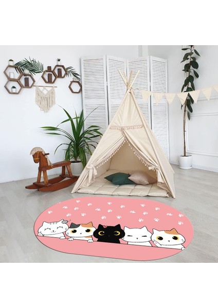 Dijital Baskılı Kaymaz Yıkanabilir Eğlenceli Eğitici Oval Çocuk Odası Halısı, N-O-Çocuk-49-Pembe, indirimleri