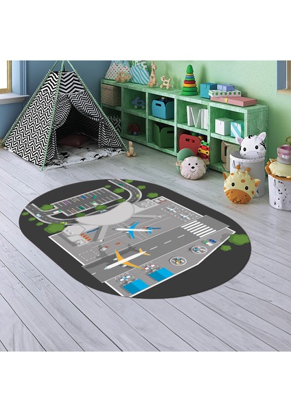 Dijital Baskılı Kaymaz Yıkanabilir Eğlenceli Eğitici Oval Çocuk Odası Halısı, N-O-Çocuk-50-Antrasit,
