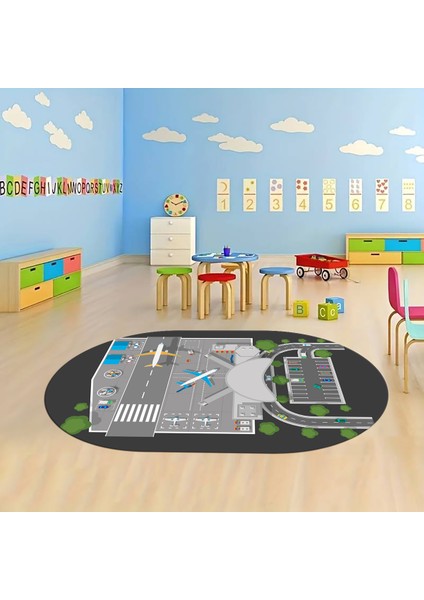 Dijital Baskılı Kaymaz Yıkanabilir Eğlenceli Eğitici Oval Çocuk Odası Halısı, N-O-Çocuk-50-Antrasit,