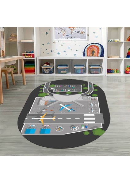 Dijital Baskılı Kaymaz Yıkanabilir Eğlenceli Eğitici Oval Çocuk Odası Halısı, N-O-Çocuk-50-Antrasit,