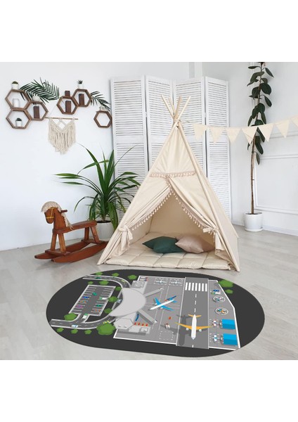 Dijital Baskılı Kaymaz Yıkanabilir Eğlenceli Eğitici Oval Çocuk Odası Halısı, N-O-Çocuk-50-Antrasit,