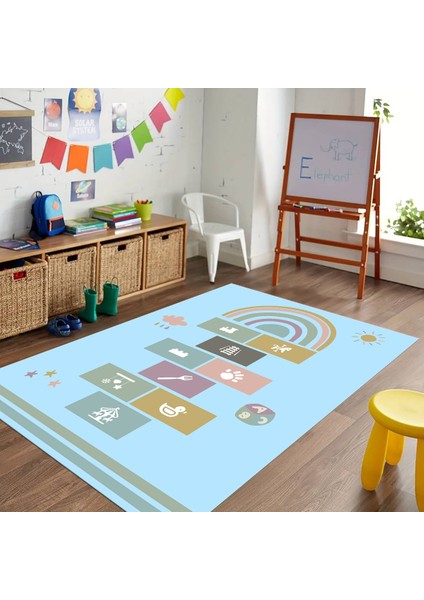 Dijital Baskılı Kaymaz Taban Yıkanabilir Eğlenceli Eğitici Çocuk Odası Halısı, N-Çocuk-31-Mavi,