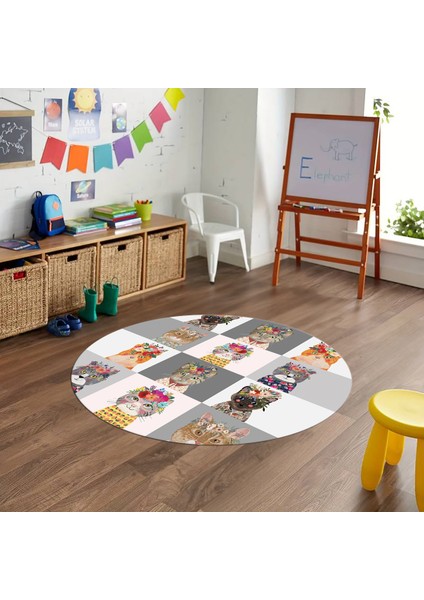 Dijital Baskılı Kaymaz Yıkanabilir Eğlenceli Yuvarlak Çocuk Odası Halısı, N-Y-Çocuk-11-Gri,