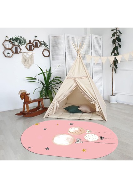 Dijital Baskılı Kaymaz Yıkanabilir Eğlenceli Eğitici Oval Çocuk Odası Halısı, N-O-Çocuk-24-Pembe,