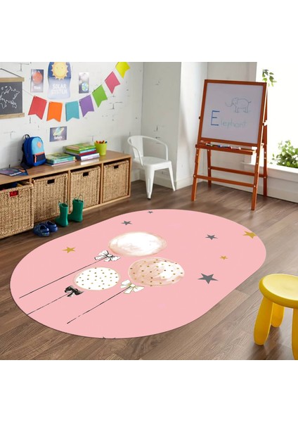 Dijital Baskılı Kaymaz Yıkanabilir Eğlenceli Eğitici Oval Çocuk Odası Halısı, N-O-Çocuk-24-Pembe,