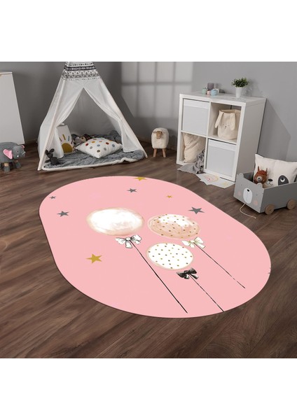 Dijital Baskılı Kaymaz Yıkanabilir Eğlenceli Eğitici Oval Çocuk Odası Halısı, N-O-Çocuk-24-Pembe,
