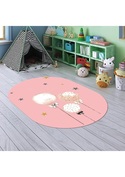 Dijital Baskılı Kaymaz Yıkanabilir Eğlenceli Eğitici Oval Çocuk Odası Halısı, N-O-Çocuk-24-Pembe,