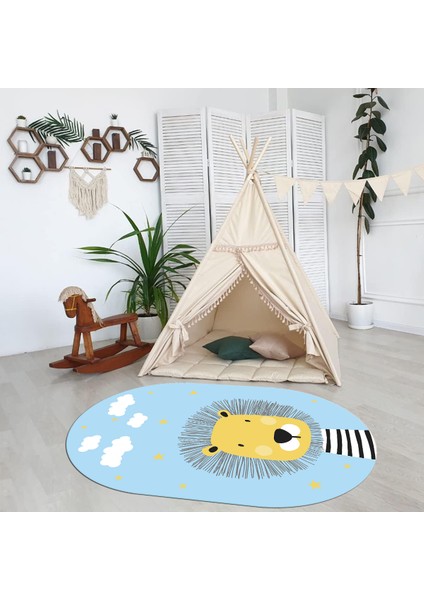 Dijital Baskılı Kaymaz Yıkanabilir Eğlenceli Eğitici Oval Çocuk Odası Halısı, N-O-Çocuk-25-Mavi,