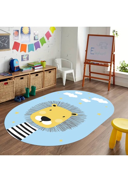 Dijital Baskılı Kaymaz Yıkanabilir Eğlenceli Eğitici Oval Çocuk Odası Halısı, N-O-Çocuk-25-Mavi, fiyatları