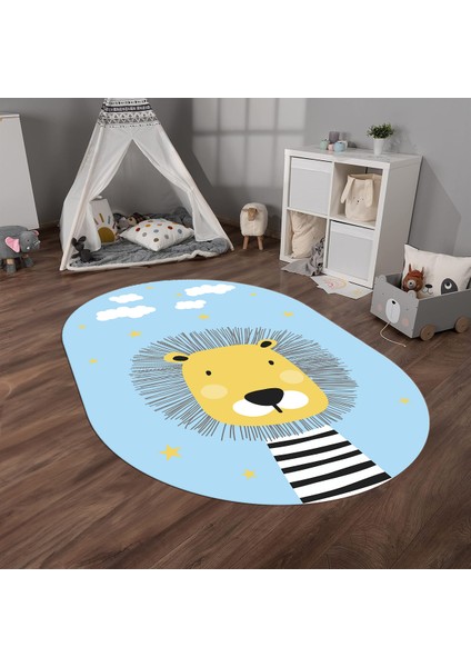 Dijital Baskılı Kaymaz Yıkanabilir Eğlenceli Eğitici Oval Çocuk Odası Halısı, N-O-Çocuk-25-Mavi, fırsatları