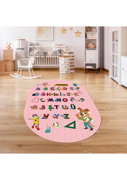Dijital Baskılı Kaymaz Yıkanabilir Eğlenceli Eğitici Oval Çocuk Odası Halısı, N-O-Çocuk-33-Pembe,