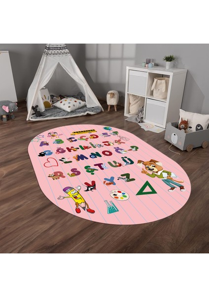 Dijital Baskılı Kaymaz Yıkanabilir Eğlenceli Eğitici Oval Çocuk Odası Halısı, N-O-Çocuk-33-Pembe, fiyatları