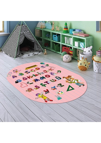 Dijital Baskılı Kaymaz Yıkanabilir Eğlenceli Eğitici Oval Çocuk Odası Halısı, N-O-Çocuk-33-Pembe, modelleri