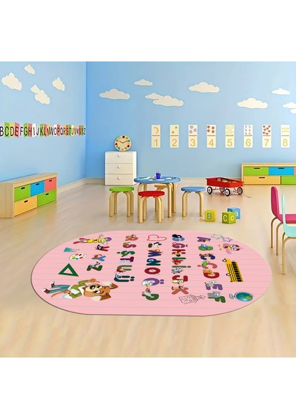 Dijital Baskılı Kaymaz Yıkanabilir Eğlenceli Eğitici Oval Çocuk Odası Halısı, N-O-Çocuk-33-Pembe, fırsatları