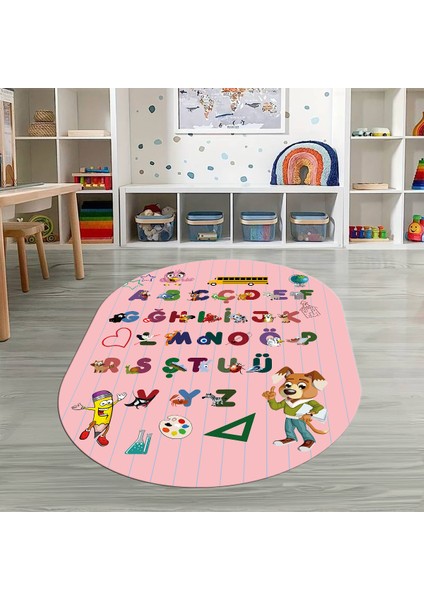 Dijital Baskılı Kaymaz Yıkanabilir Eğlenceli Eğitici Oval Çocuk Odası Halısı, N-O-Çocuk-33-Pembe, indirimleri