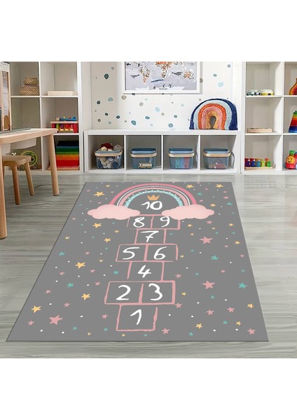 Dijital Baskılı Kaymaz Taban Yıkanabilir Eğlenceli Eğitici Çocuk Odası Halısı, N-Çocuk-12-Antrasit,