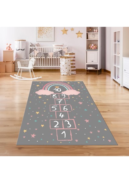 Dijital Baskılı Kaymaz Taban Yıkanabilir Eğlenceli Eğitici Çocuk Odası Halısı, N-Çocuk-12-Antrasit, indirimleri