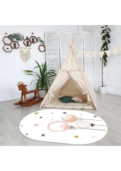 Dijital Baskılı Kaymaz Yıkanabilir Eğlenceli Eğitici Oval Çocuk Odası Halısı, N-O-Çocuk-24-Beyaz,