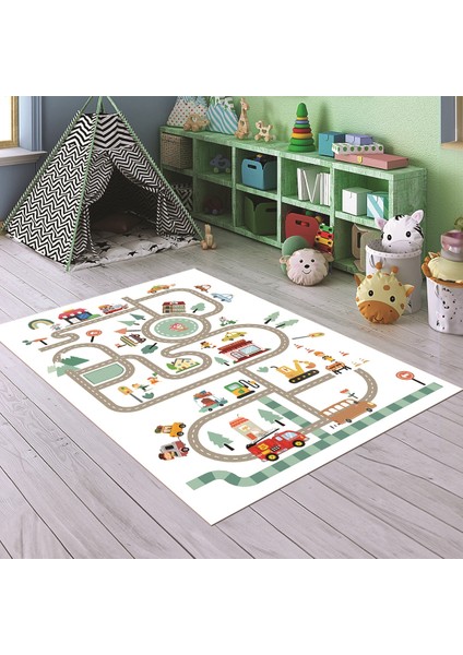Dijital Baskılı Kaymaz Taban Yıkanabilir Eğlenceli Eğitici Çocuk Odası Halısı, N-Çocuk-48-Beyaz,