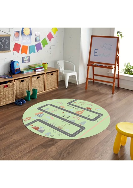 Dijital Baskılı Kaymaz Yıkanabilir Eğlenceli Yuvarlak Çocuk Odası Halısı, N-Y-Çocuk-16-Yeşil,
