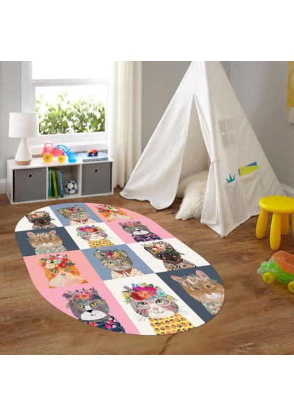 Dijital Baskılı Kaymaz Yıkanabilir Eğlenceli Eğitici Oval Çocuk Odası Halısı, N-O-Çocuk-11-Renkli,