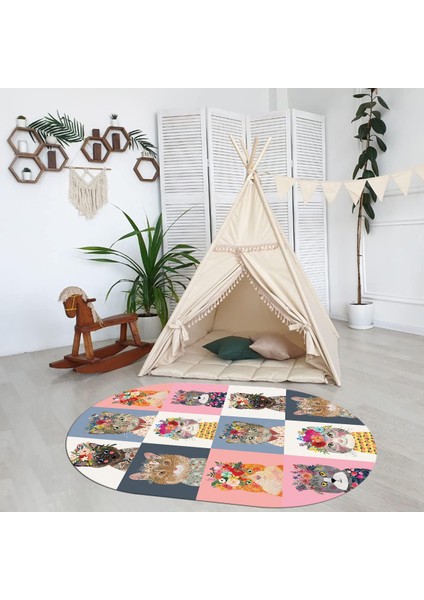 Dijital Baskılı Kaymaz Yıkanabilir Eğlenceli Eğitici Oval Çocuk Odası Halısı, N-O-Çocuk-11-Renkli,