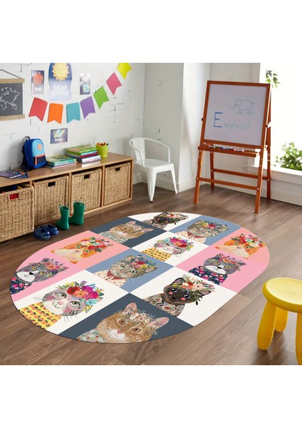Dijital Baskılı Kaymaz Yıkanabilir Eğlenceli Eğitici Oval Çocuk Odası Halısı, N-O-Çocuk-11-Renkli,