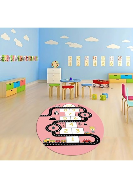 Dijital Baskılı Kaymaz Yıkanabilir Eğlenceli Yuvarlak Çocuk Odası Halısı, N-Y-Çocuk-06-Pembe,