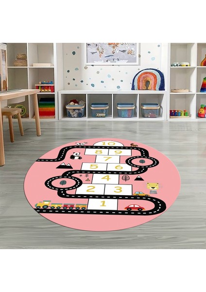 Dijital Baskılı Kaymaz Yıkanabilir Eğlenceli Yuvarlak Çocuk Odası Halısı, N-Y-Çocuk-06-Pembe,