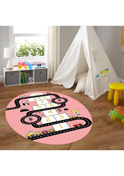 Dijital Baskılı Kaymaz Yıkanabilir Eğlenceli Yuvarlak Çocuk Odası Halısı, N-Y-Çocuk-06-Pembe,
