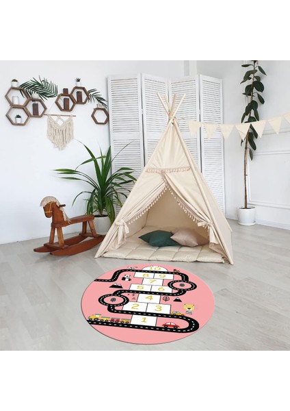 Dijital Baskılı Kaymaz Yıkanabilir Eğlenceli Yuvarlak Çocuk Odası Halısı, N-Y-Çocuk-06-Pembe,