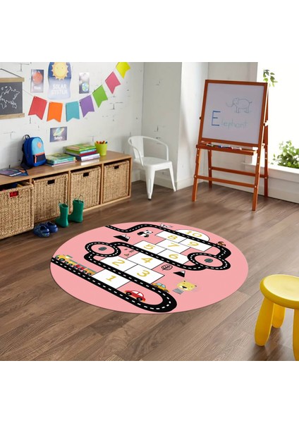 Dijital Baskılı Kaymaz Yıkanabilir Eğlenceli Yuvarlak Çocuk Odası Halısı, N-Y-Çocuk-06-Pembe,