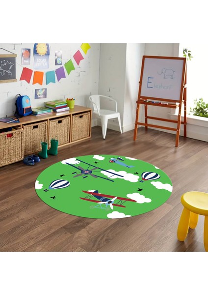 Dijital Baskılı Kaymaz Yıkanabilir Eğlenceli Yuvarlak Çocuk Odası Halısı, N-Y-Çocuk-23-Yeşil,