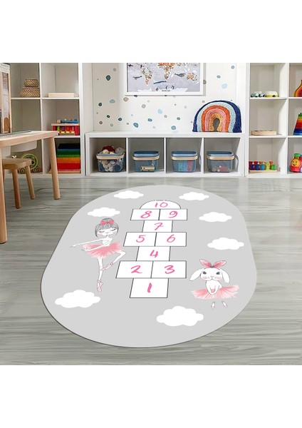 Dijital Baskılı Kaymaz Yıkanabilir Eğlenceli Eğitici Oval Çocuk Odası Halısı, N-O-Çocuk-04-Gri,